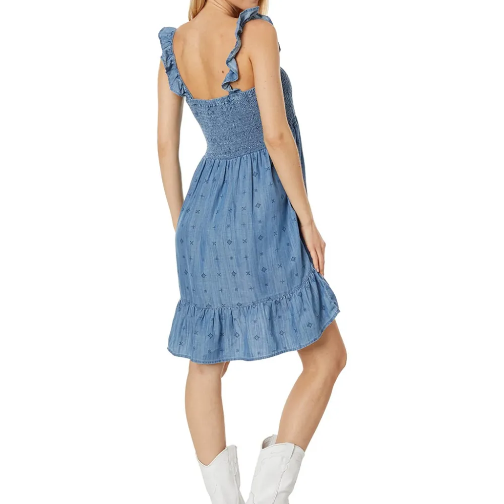 Denim Paisley Print Ruffle Detail Casual Dress