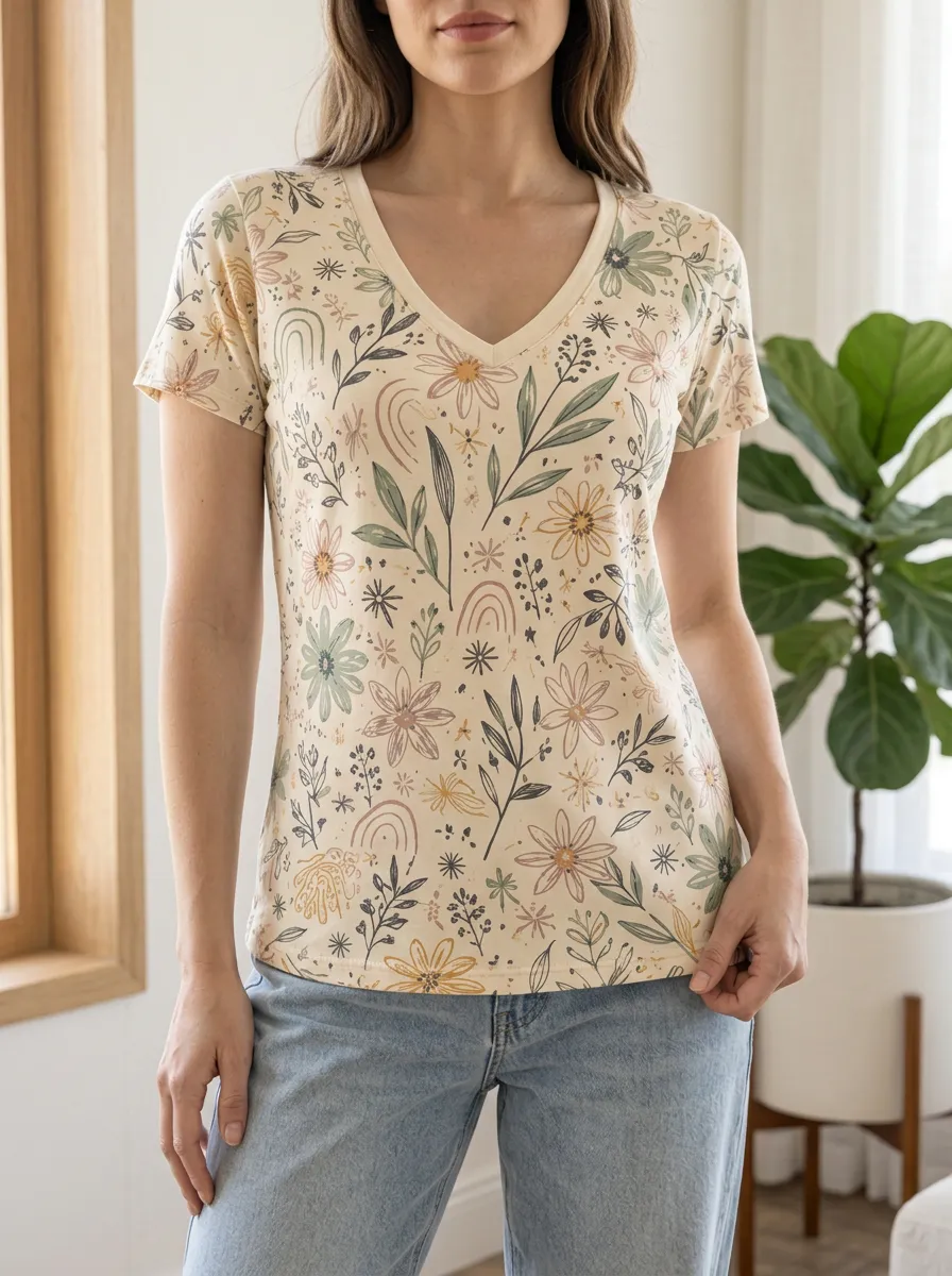 Women's Boho Floral Rainbow Printed V-Neck T-Shirt