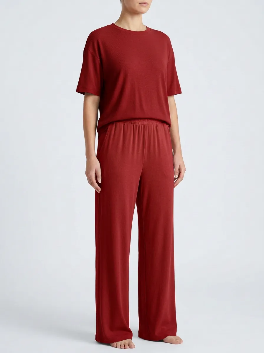 Women's Ribbed Drop-Shoulder Top And Wide-Leg Trouser Lounge Set