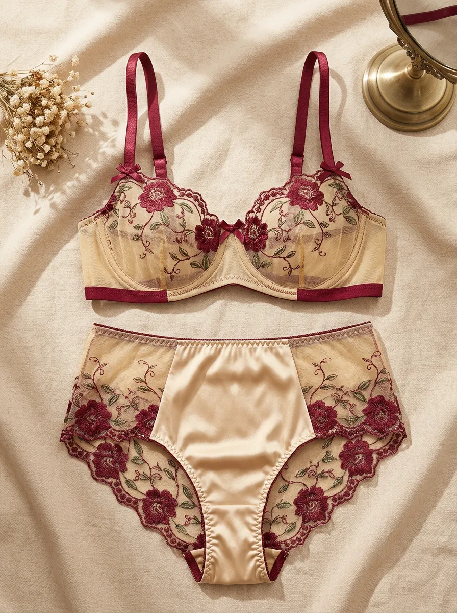 Women's Floral Embroidery Mesh Trim Lingerie Set