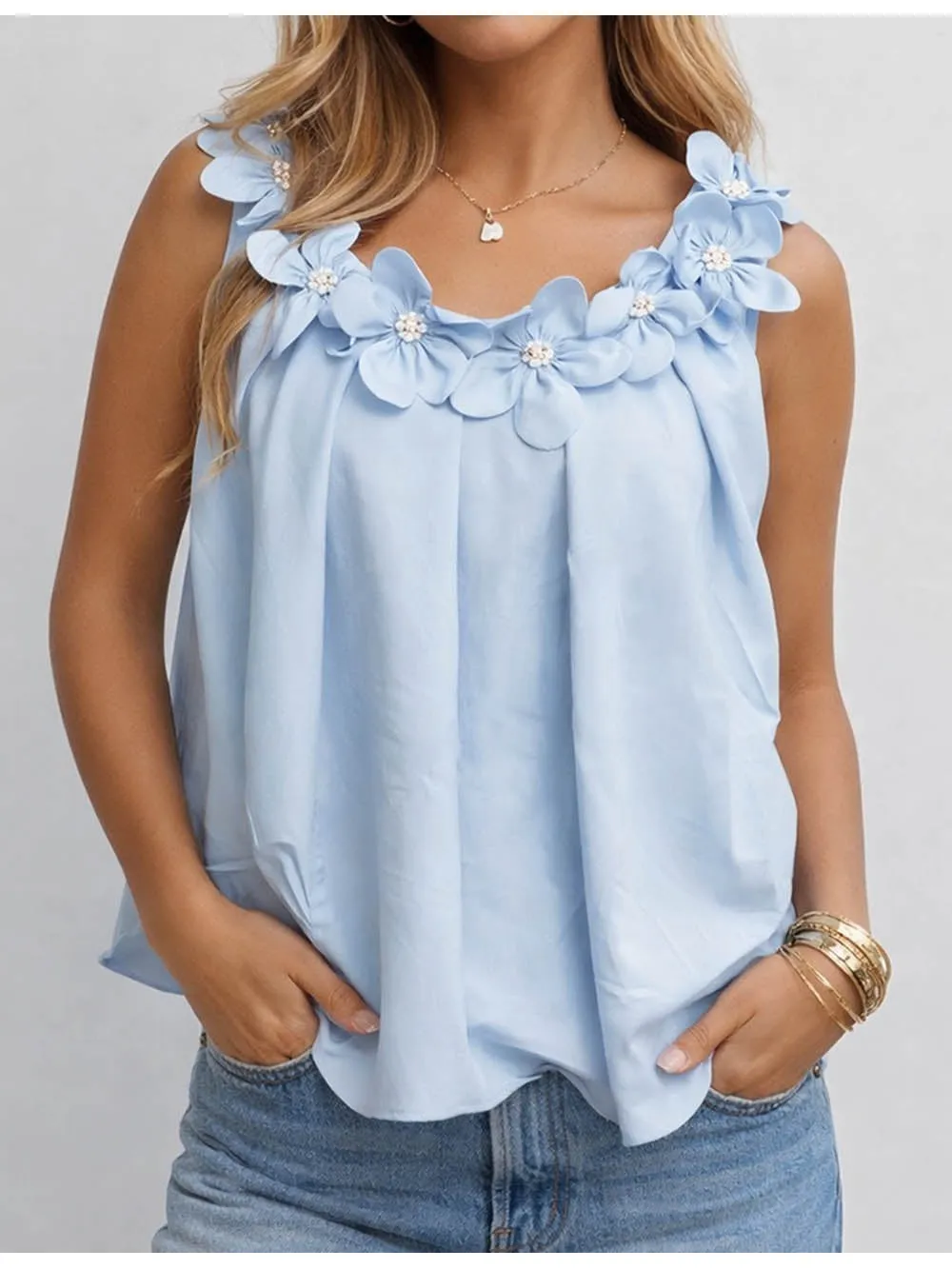 D Flower Round Neck Solid Color Sleeveless Tank Top