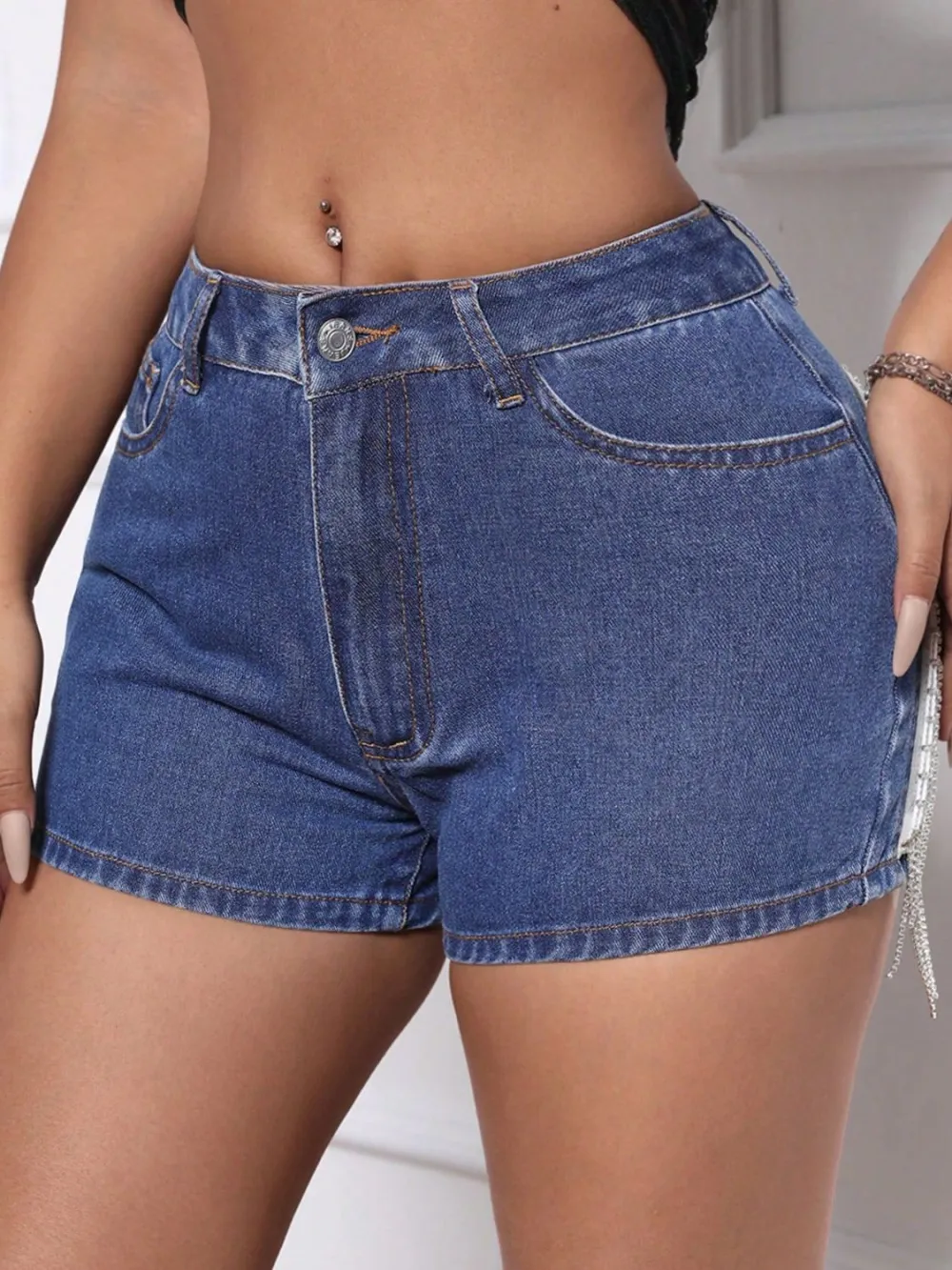 Fringe Back Shorts Pocket Denim Pants