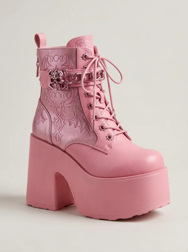 Nightfall Skull Bat Moon Statement Women's Gothic Platform Boots
