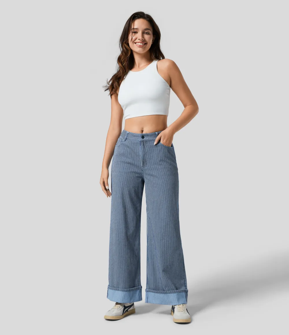Magic Mid Rise Multiple Pockets Rolled Hem Striped Washed Stretchy Knit Casual Wide Leg Jeans
