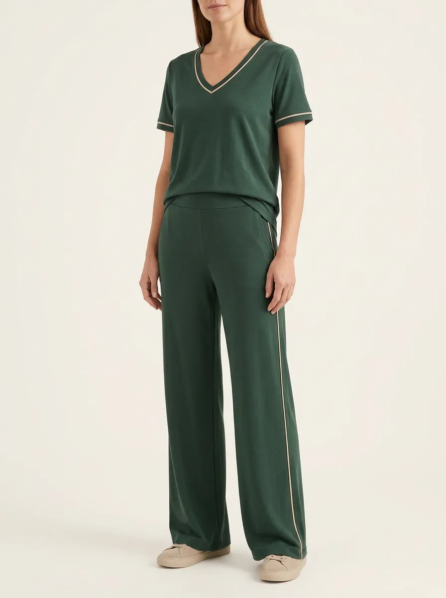 Women's Contrast-Piping Flat-Waistband V-Neck T-Shirt and Wide-Leg Pants Set