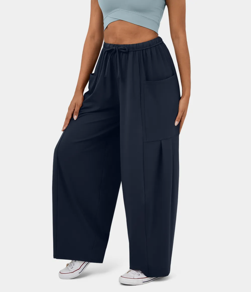 Mid Rise Elastic Waistband Drawstring Side Pocket Palazzo Flowy Wide Leg Casual Pants