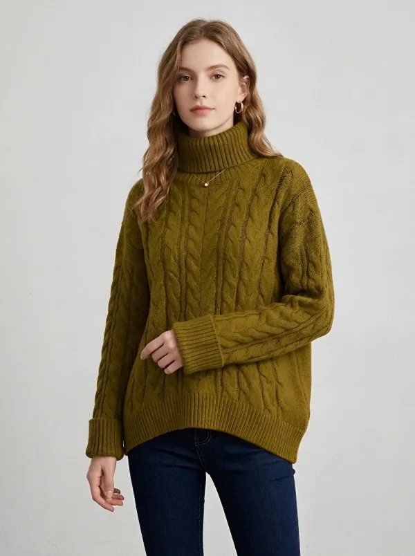 Women's Casual Winter Brown Cable Knit Turtleneck Sweater