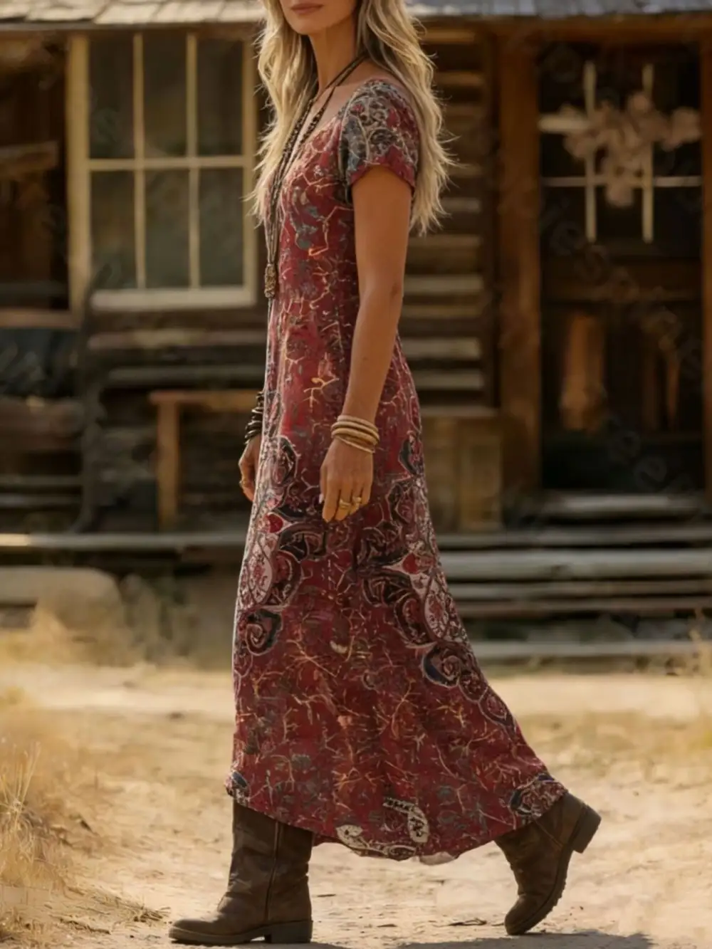 Printed V Neck Short Sleeve Midi Dress