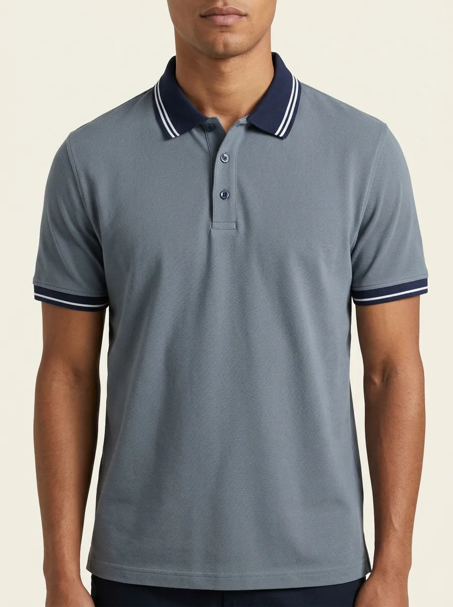 Men's Casual Grey Tipped Collar Contrast Trim Polo Shirt
