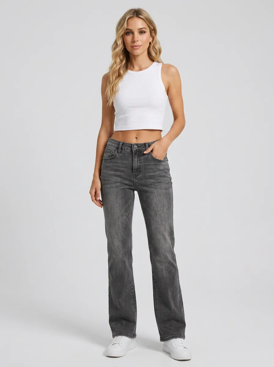 Women's Casual Fashion Washed Grey Denim Straight Leg Jeans
