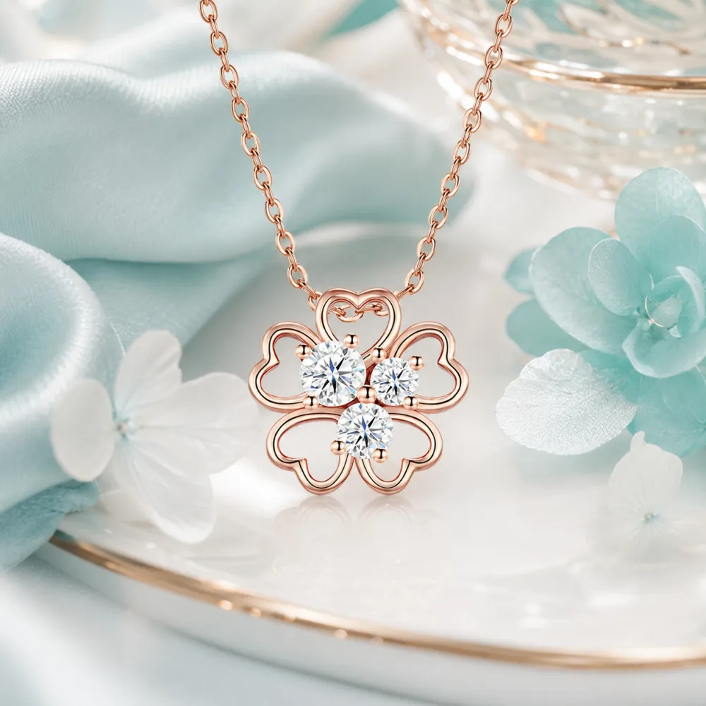 Designed with four delicate heart-shaped petals and sparkling stones, this elegant clover necklace adds the perfect finishing touch to any look.