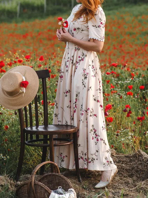 Classic Floral Linen Cotton Short Sleeve Maxi Dress
