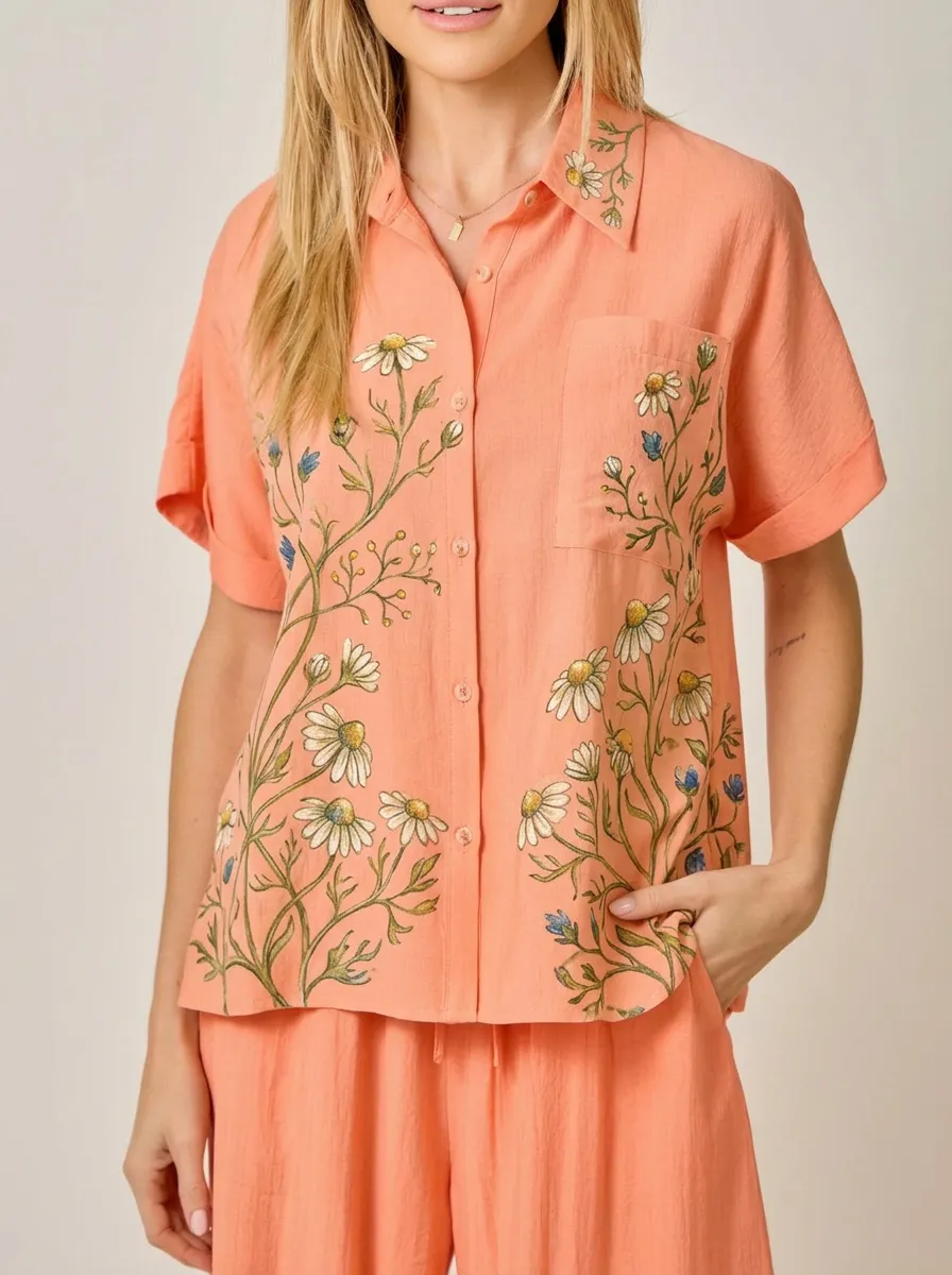 Women's Floral Nature-Inspired Daisy Embroidered Printed Shirt