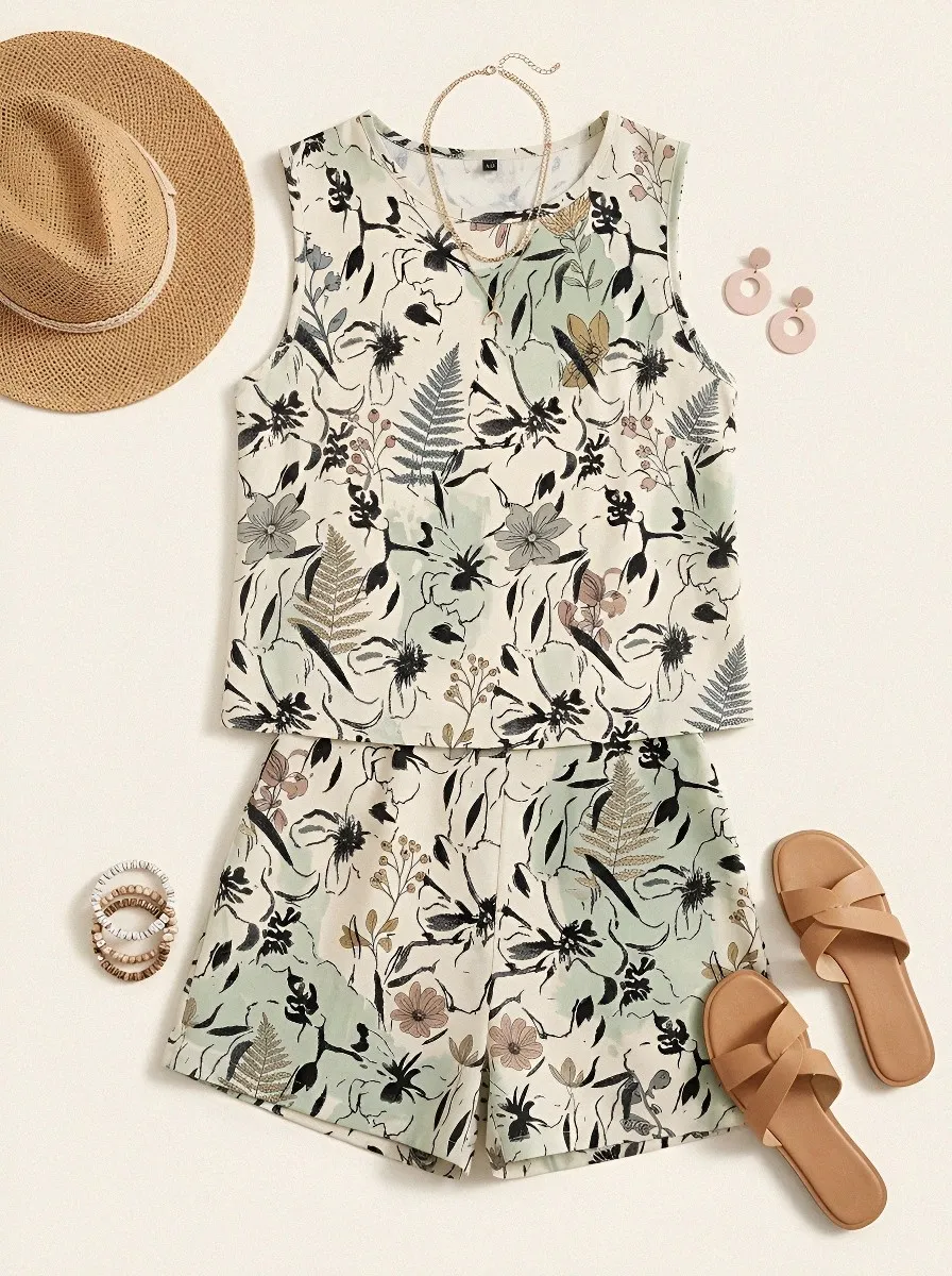 Women's Botanical Floral Fern Printed Sleeveless Short Set