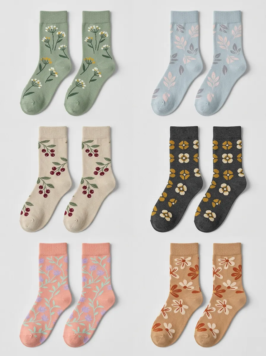 Women's Nature-Inspired Berry Floral Ribbed Crew Sock Set