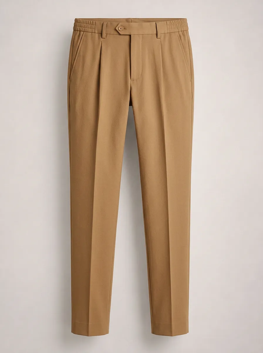 Men's Casual Khaki Pleated Elastic Waist Trousers