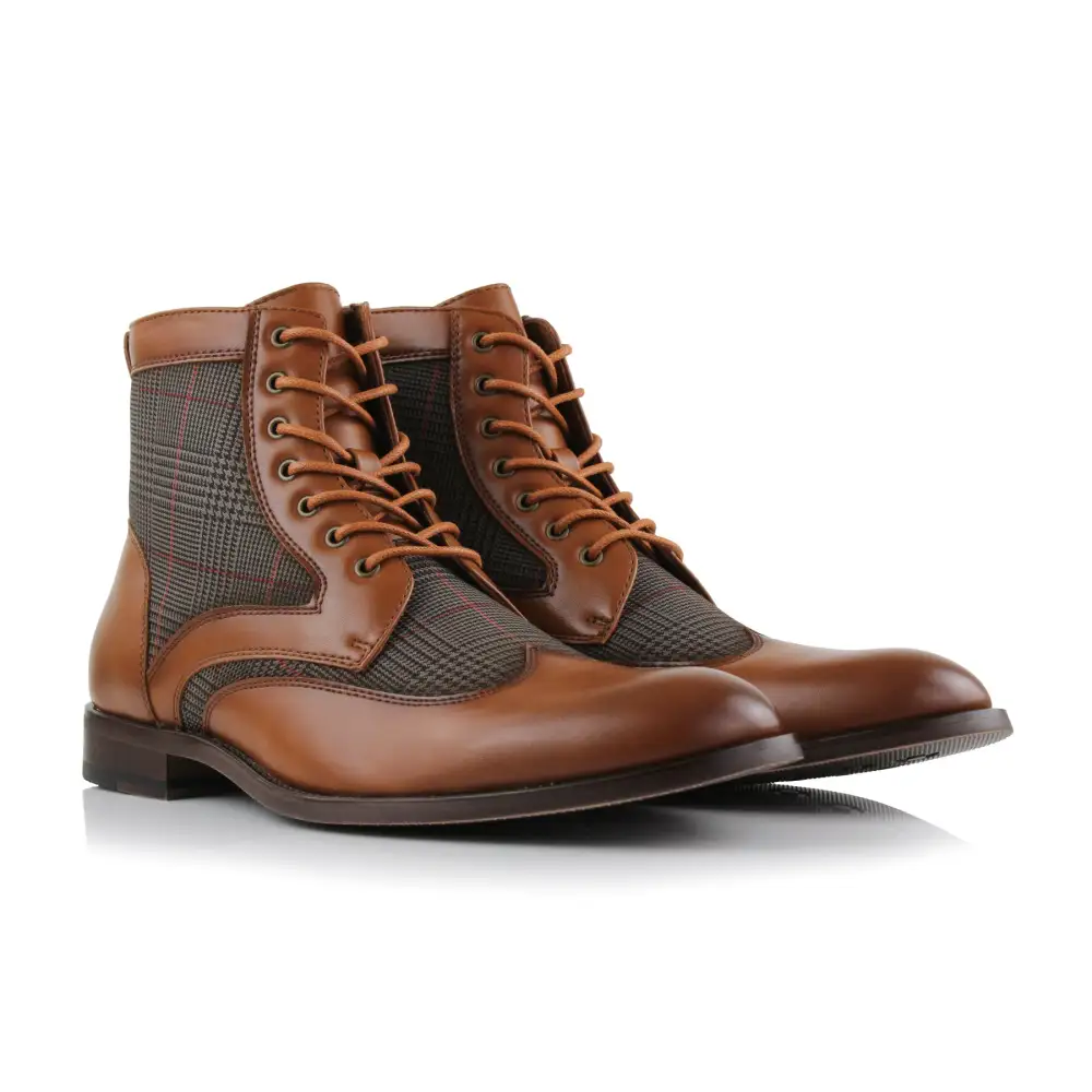Faux-Leather Wingtip Lace-Up Brogue Boots
