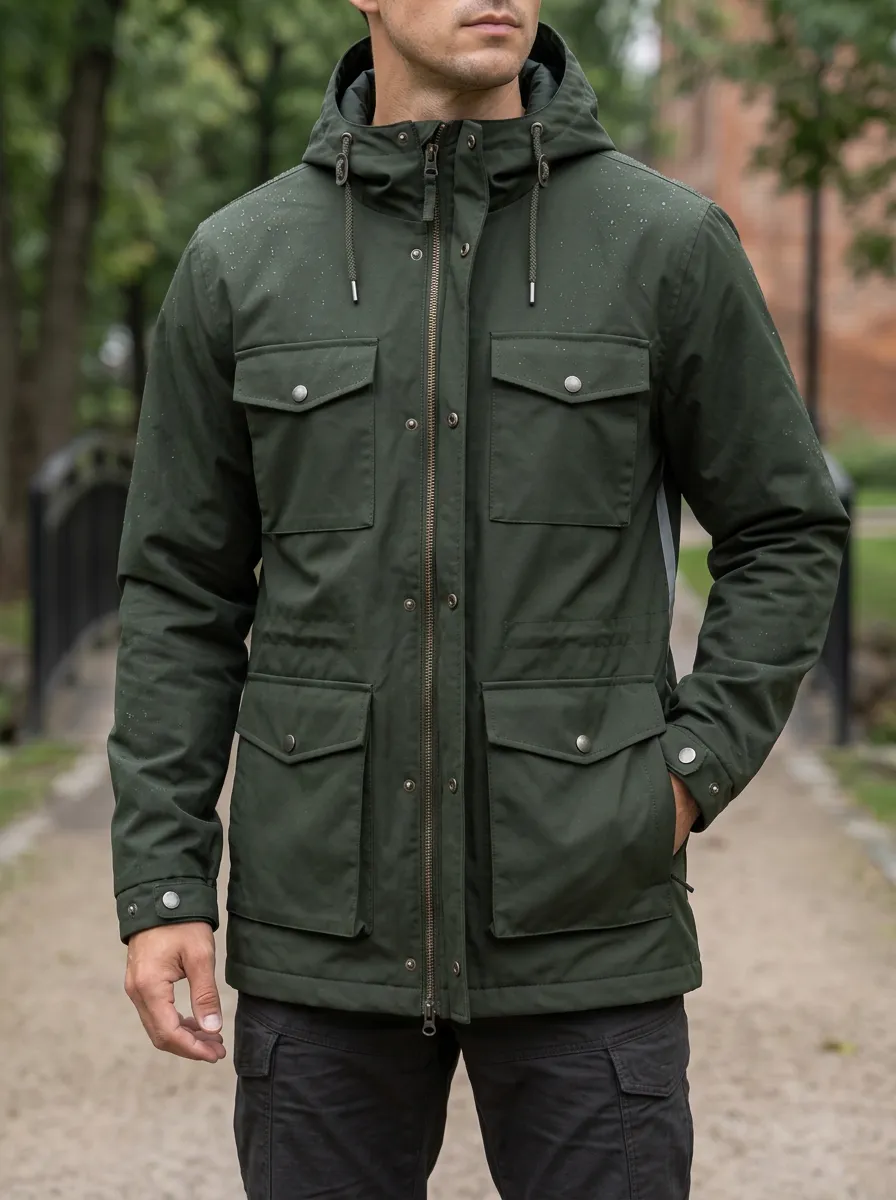 Men's Olive Green Hooded Waterproof Jacket with a Drawstring Waist