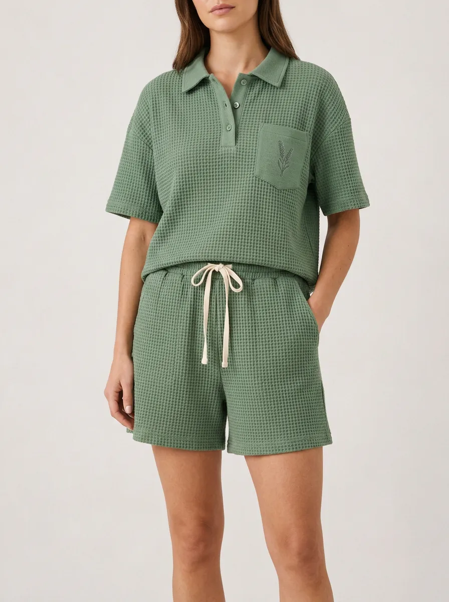 Women's Waffle Knit Wheat Embroidery Printed Polo Shirt