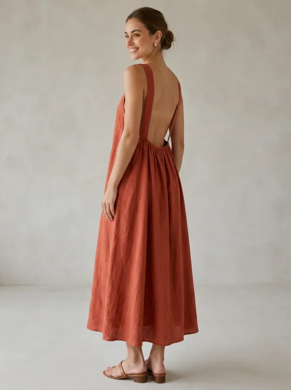 Women's Easy-Movement Casual Linen Midi Backless Dress