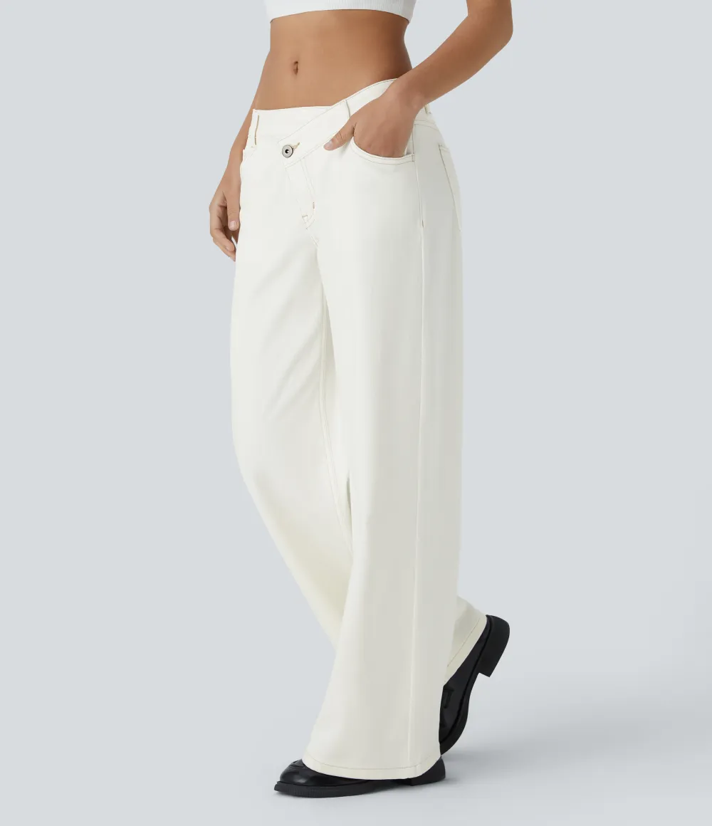 Asymmetric Low Rise Zipper Pockets Baggy Wide Leg Washed Casual Jeans