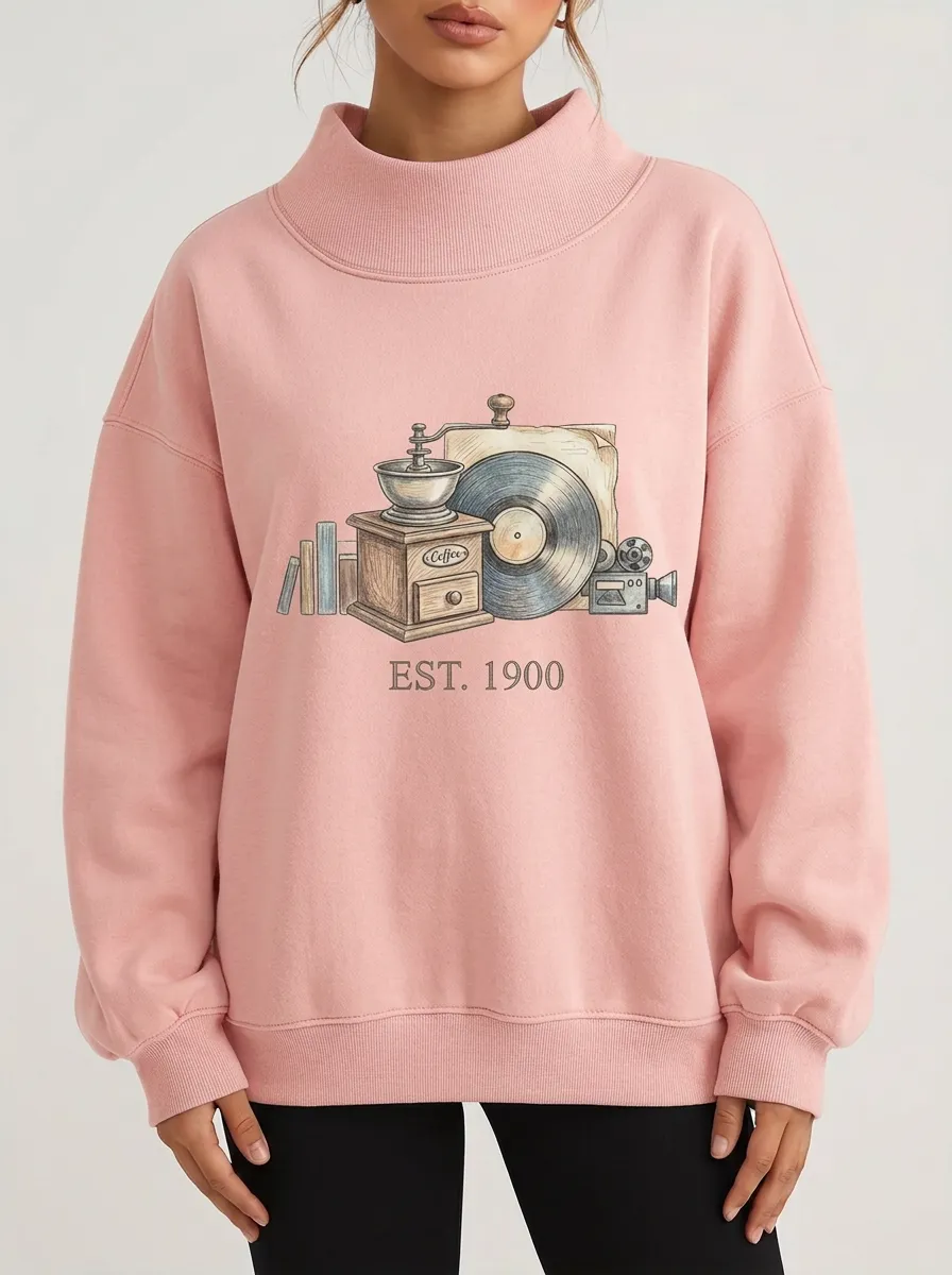 Women's Vintage Hobby Coffee Vinyl Camera Graphic Sweatshirt