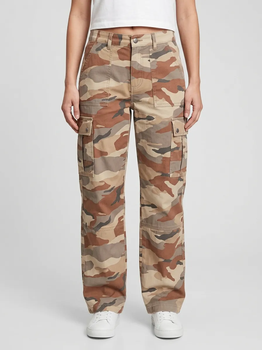 Women's Camouflage Mid-Rise Snap-Flap Pocket Straight-Leg Cargo Pants