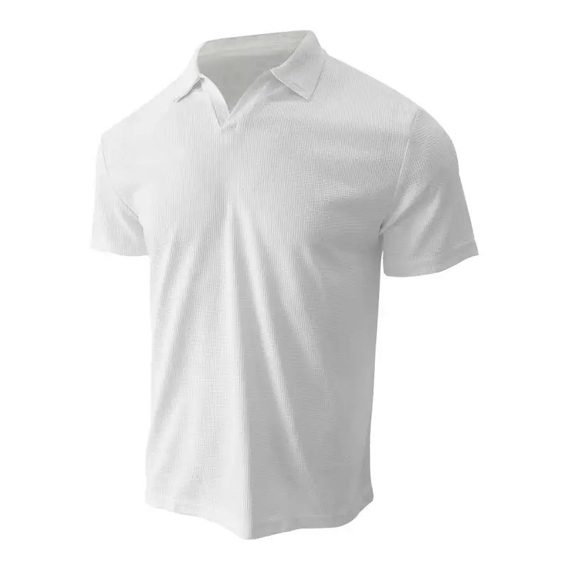 Waffle Texture Open V Neck Short Sleeve Jersey Polo Shirt