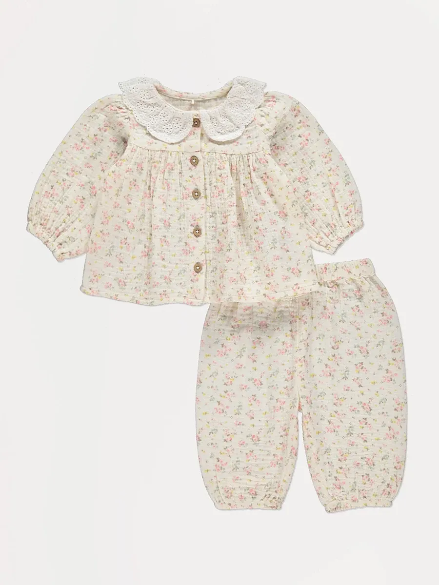 Neutral Embroidered Collar Floral Top and Trousers Outfit