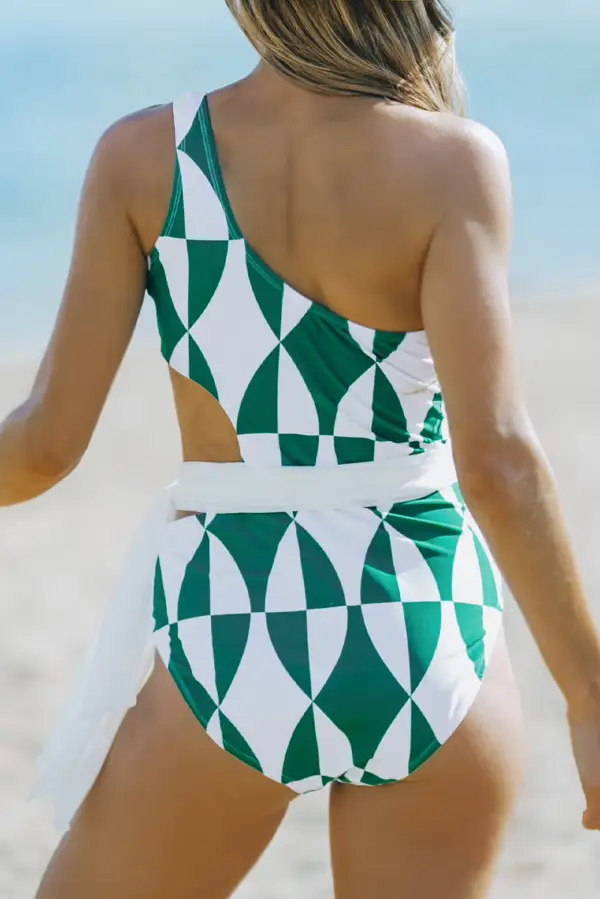 Sexy Asymmetrical Neck Geometrical Print Cut Out One Piece Swimwear