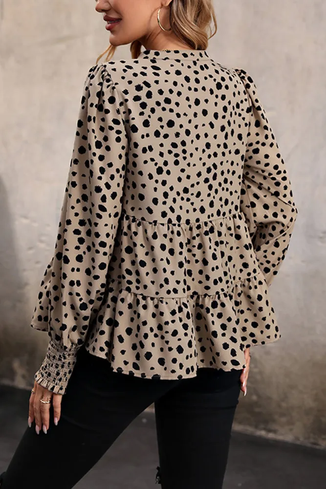 Khaki Leopard V Neck Babydoll Blouse