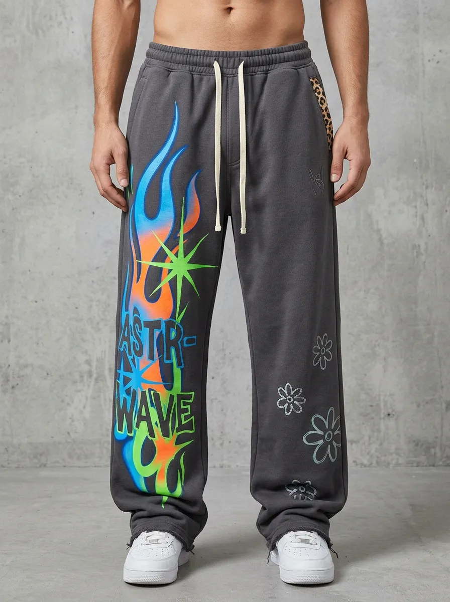 Men's Streetwear Astro Wave Flame Floral Printed Sweatpants