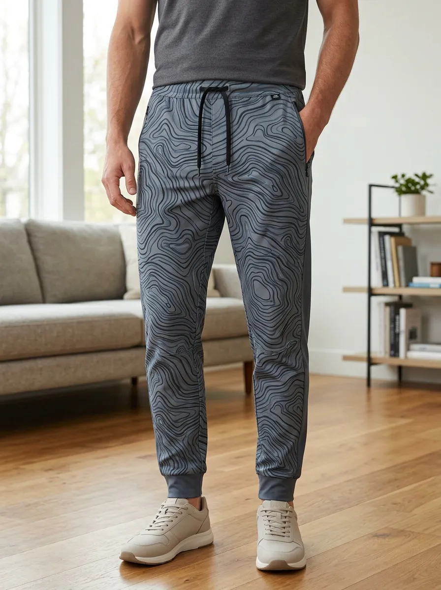Men's Athletic Topographic Map Printed Jogger Pants