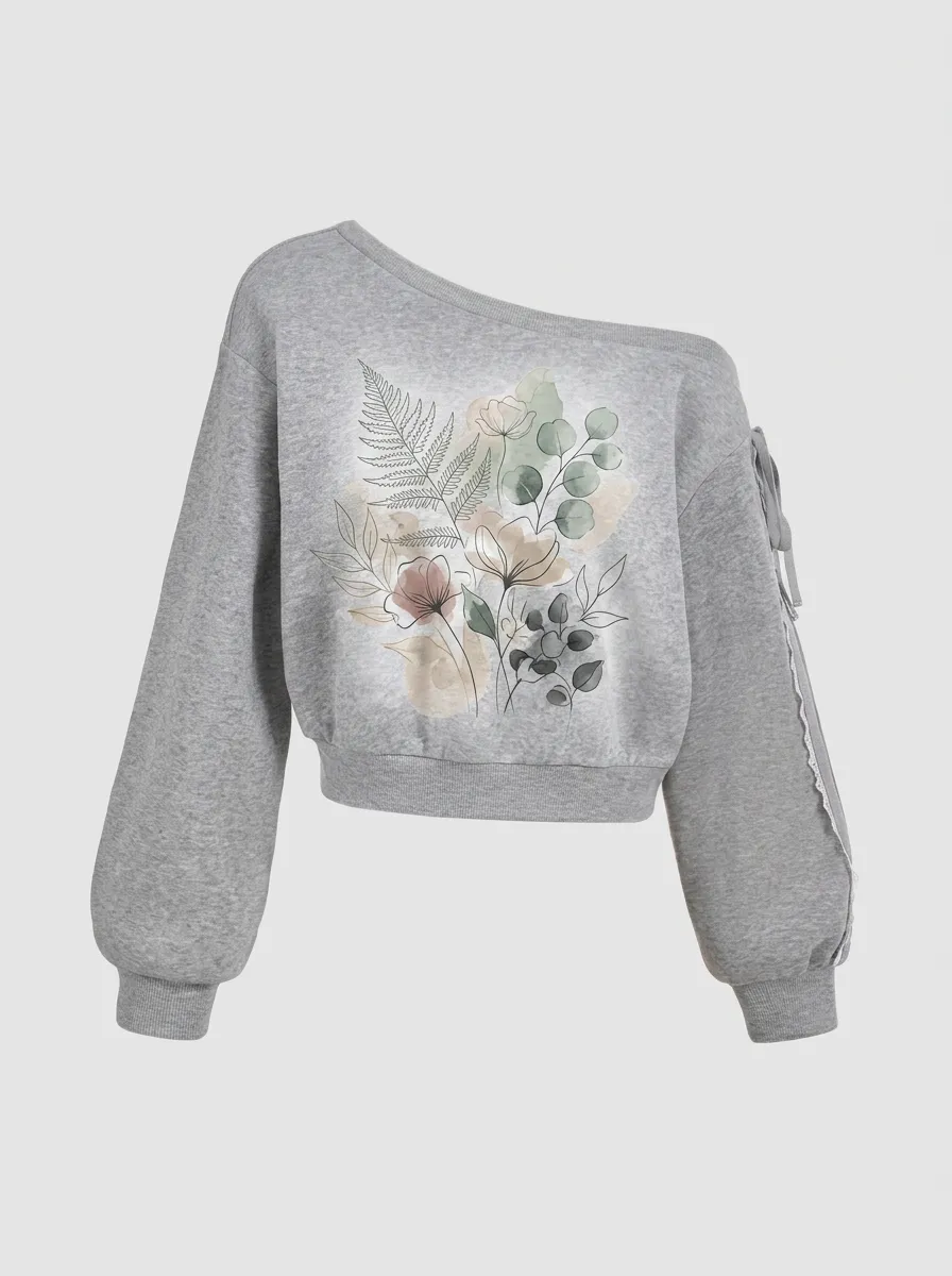 Women's Botanical Nature Lover Watercolor Floral Printed Off-shoulder Sweatshirt