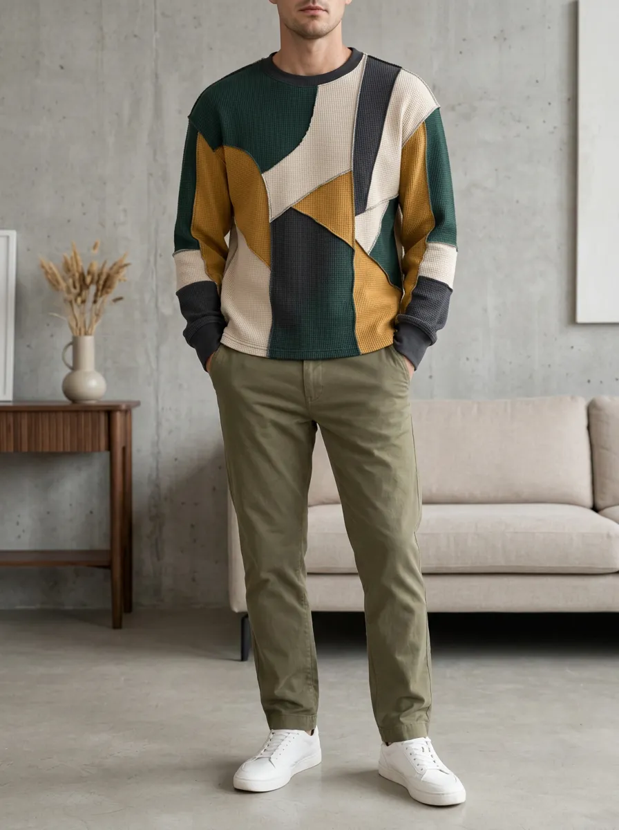 Men's Multicolor Patchwork Sweater Printed Waffle Crewneck Sweatshirt
