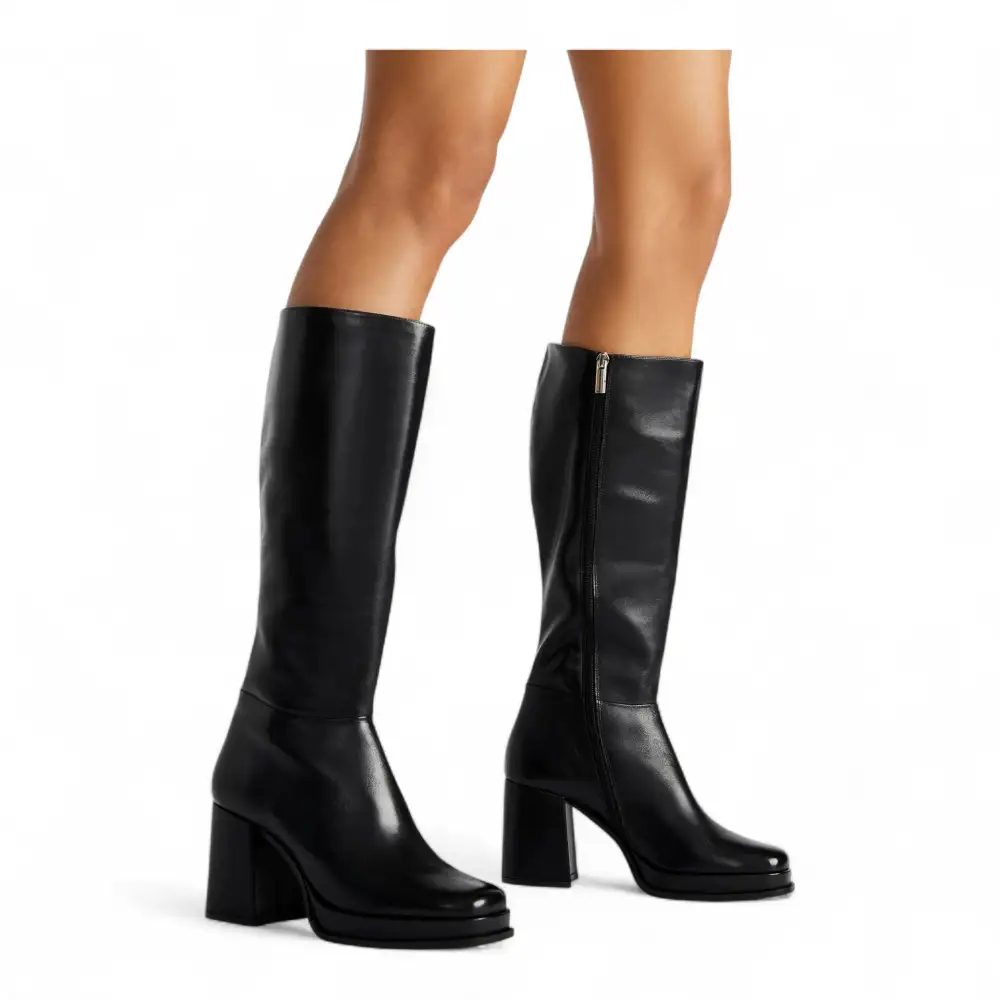 Mystery Black Leather Women's Block Heel Platform Boot