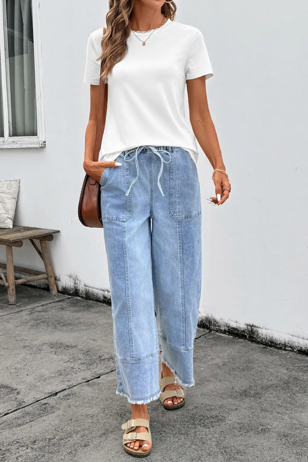 Women's Wide Leg Denim Pants With Drawstring Seam Detail
