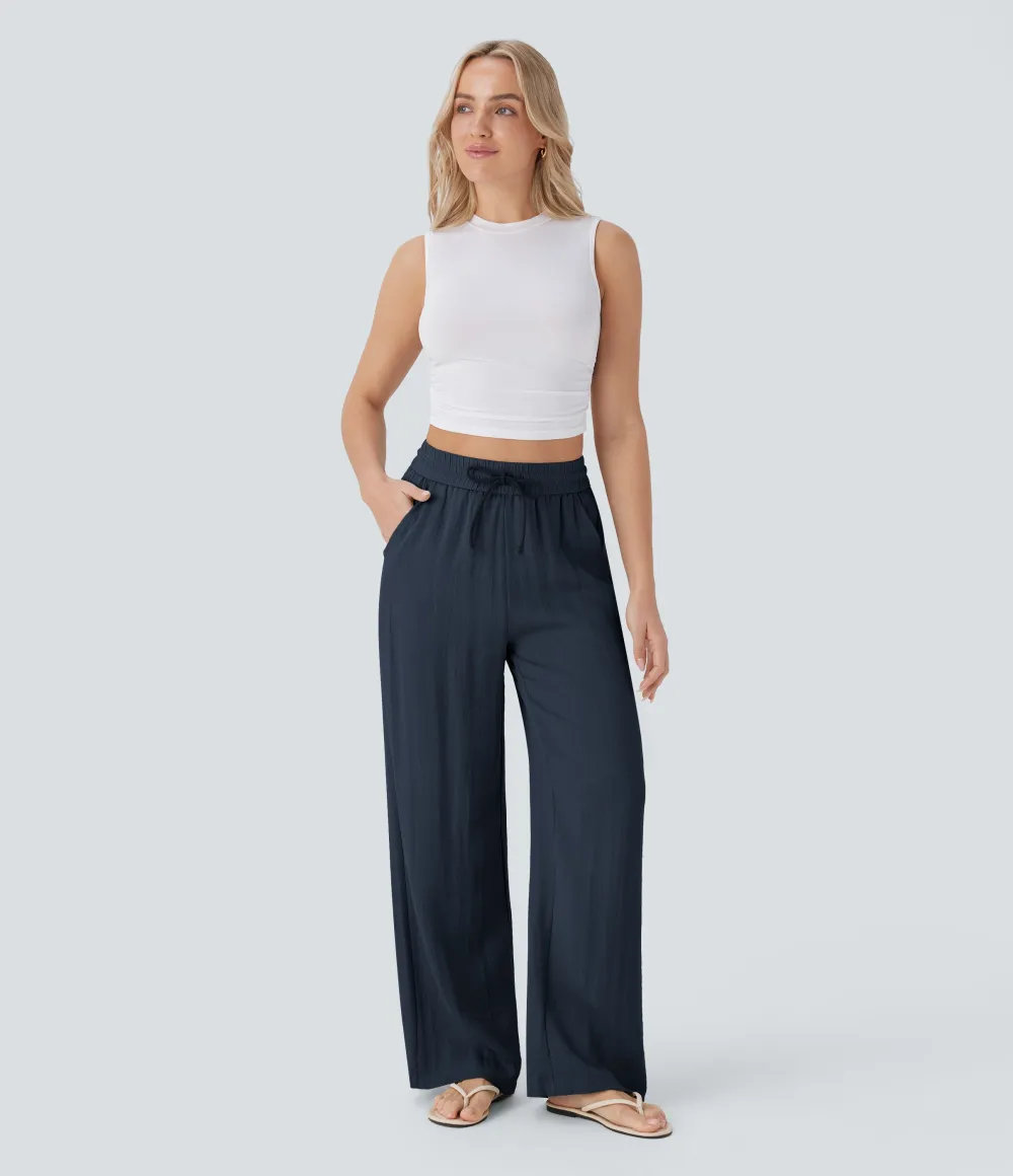 2026🔥  High Waisted Drawstring Pocket Wide Leg Casual Linen-Feel Pants