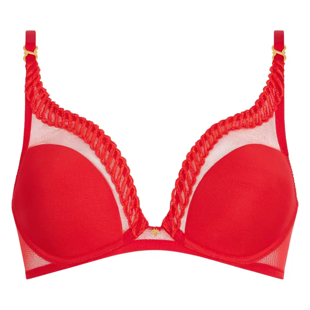 Women's Underwire Spacer Molded Embroidery Mesh Triangle Sheer Detail Deep Neckline Bra