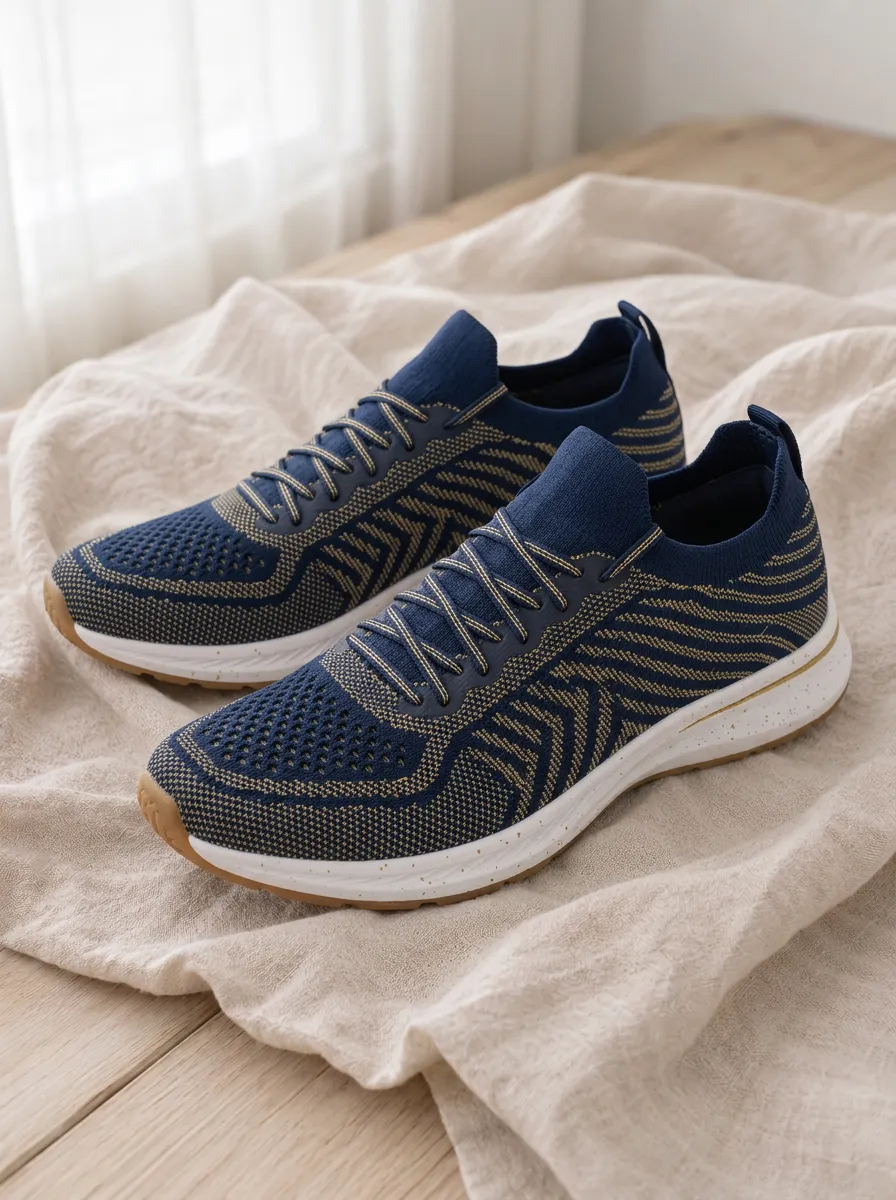 Women's Casual Sport Navy Blue Gold Zigzag Pattern Printed Sneakers
