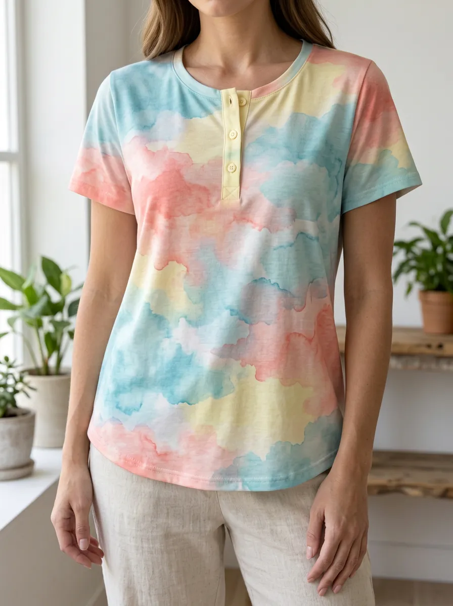 Women's Pastel Watercolor Cloud Printed Henley T-shirt