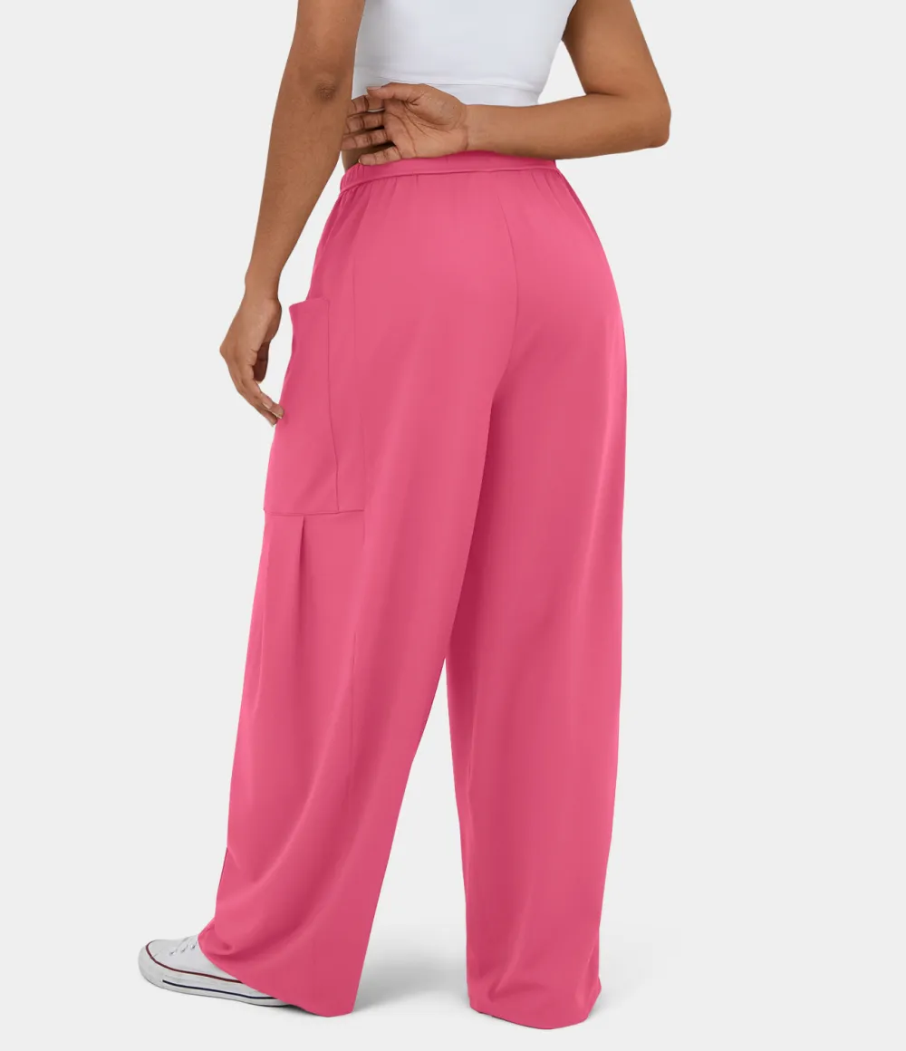 Mid Rise Elastic Waistband Drawstring Side Pocket Palazzo Flowy Wide Leg Casual Pants