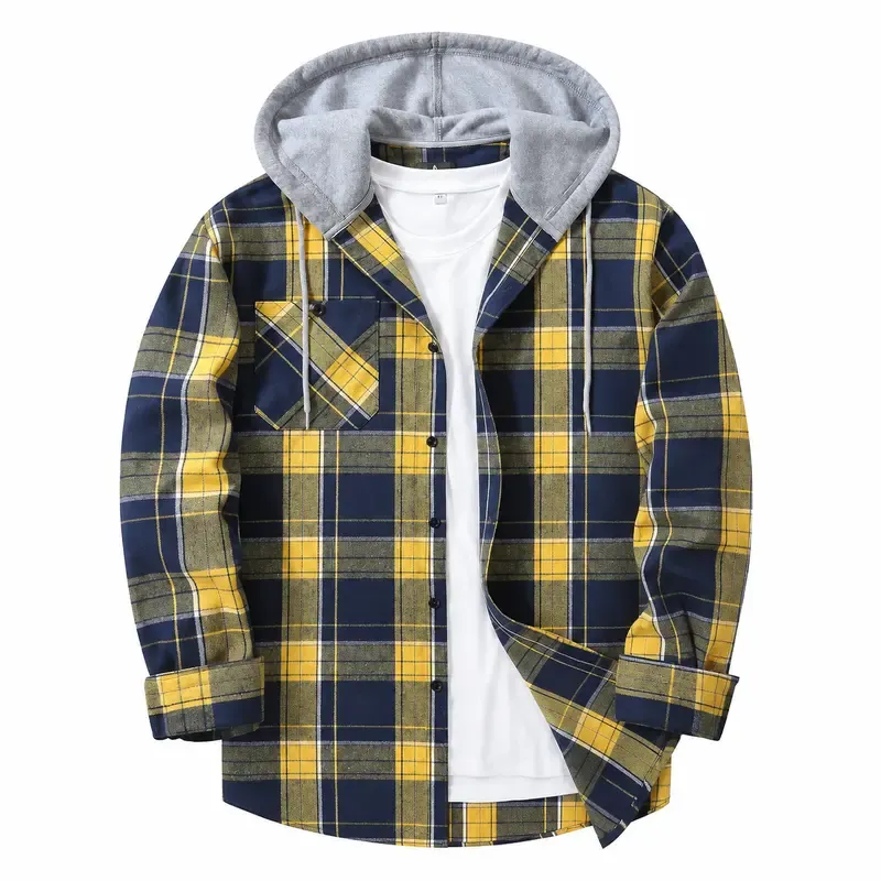Men's Plus-Size Plaid Flannel Hooded Long-Sleeve Shirt Jacket