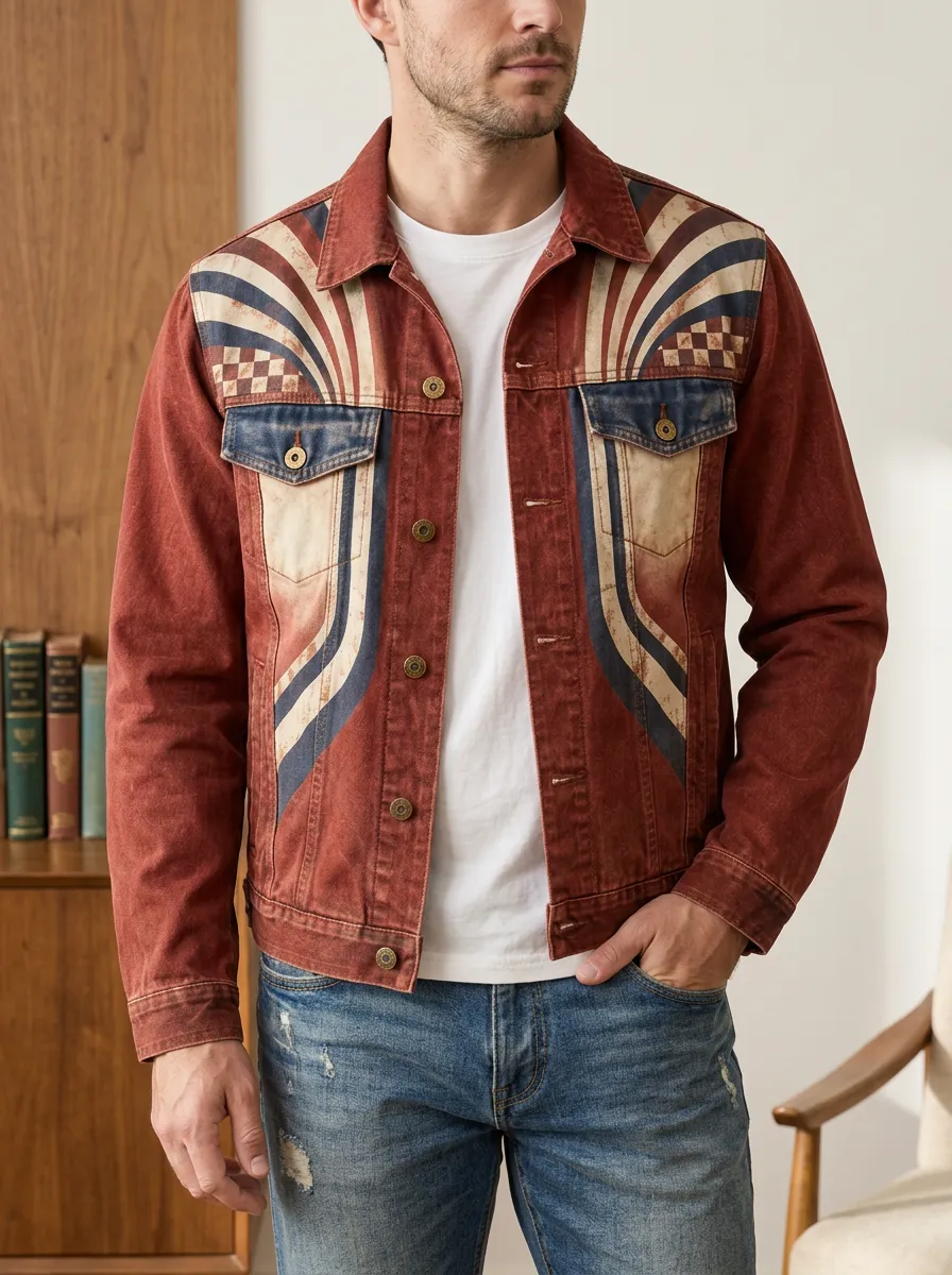 Men's Vintage Retro Racing Stripe Printed Denim Jacket