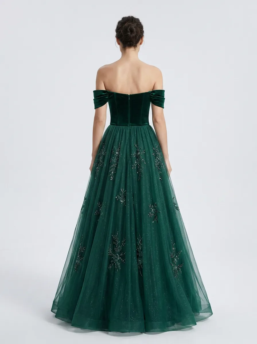 Women's Velvet Off-Shoulder Floral Embroidered Tulle Evening Gown