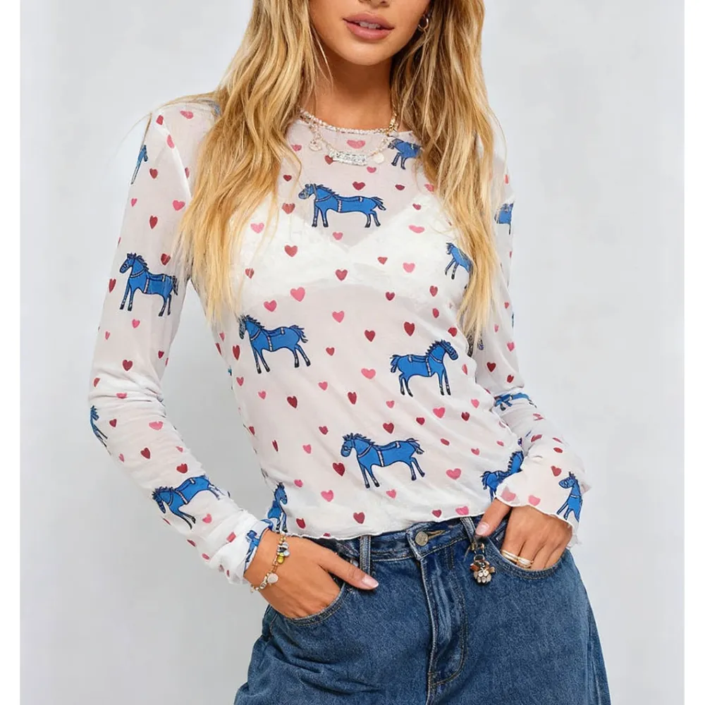 Valentine Heart Horse Sheer Pullover Mesh Top