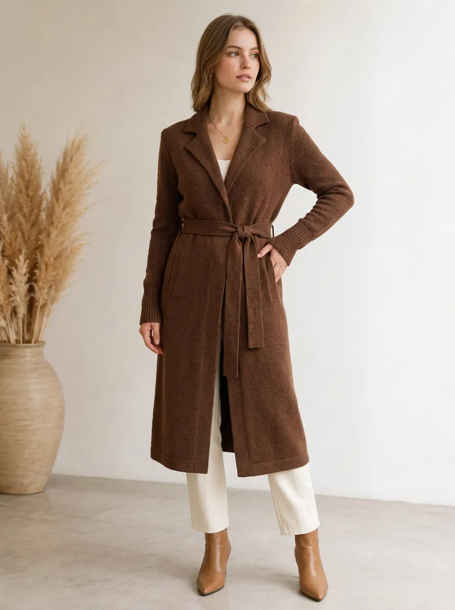 Women's Chocolate Belted Knit Longline Cardigan