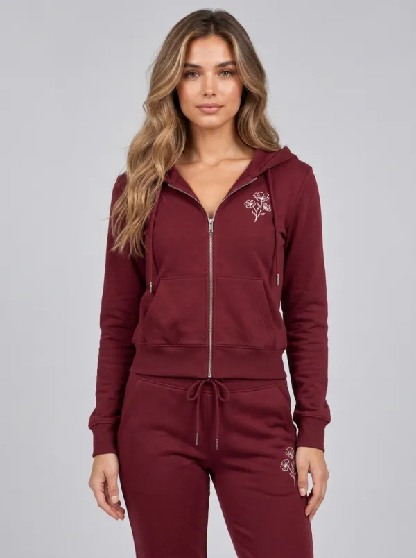 Women's Dusty Rose Floral Line Art Embroidered Zip-Up Hoodie Jacket & Jogger Set
