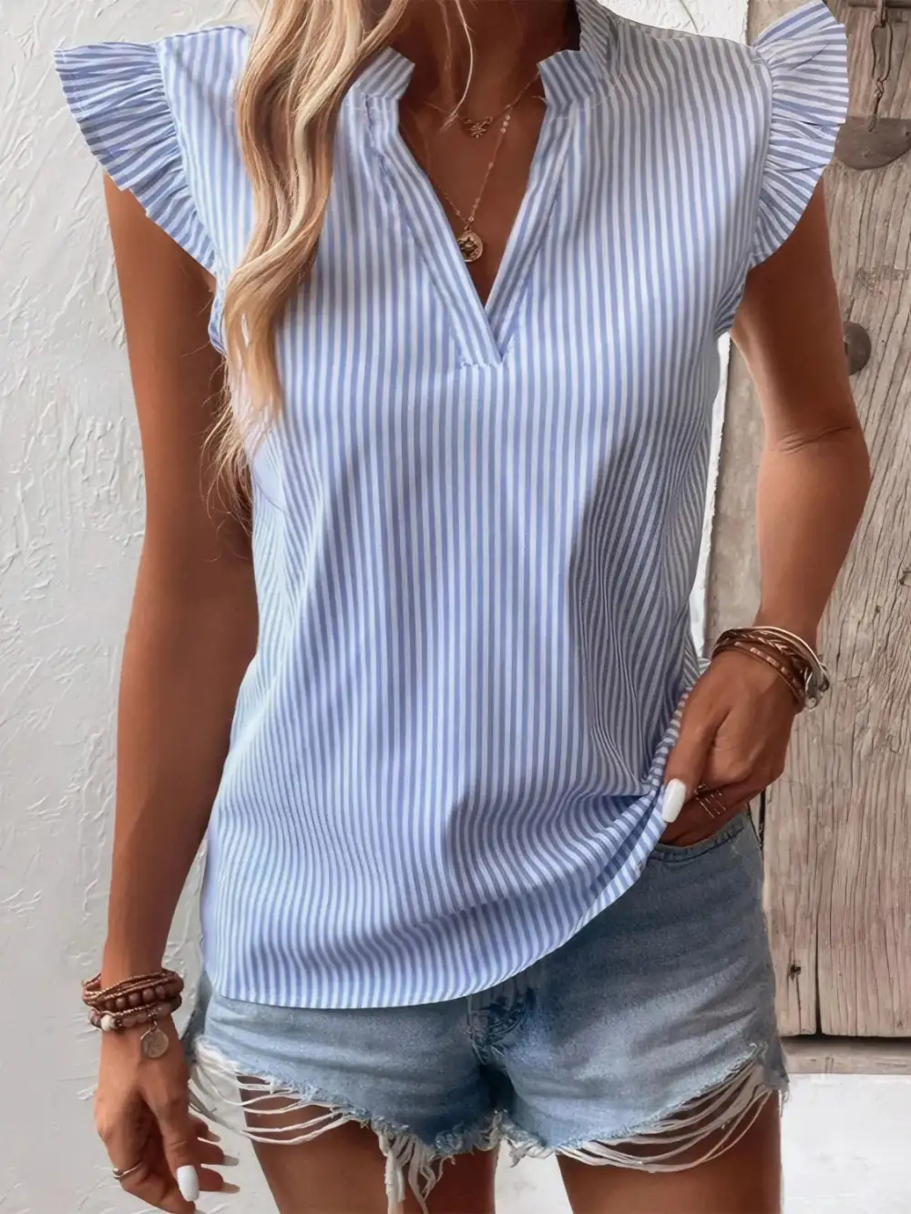 Striped Notched Cap Sleeve Blouse