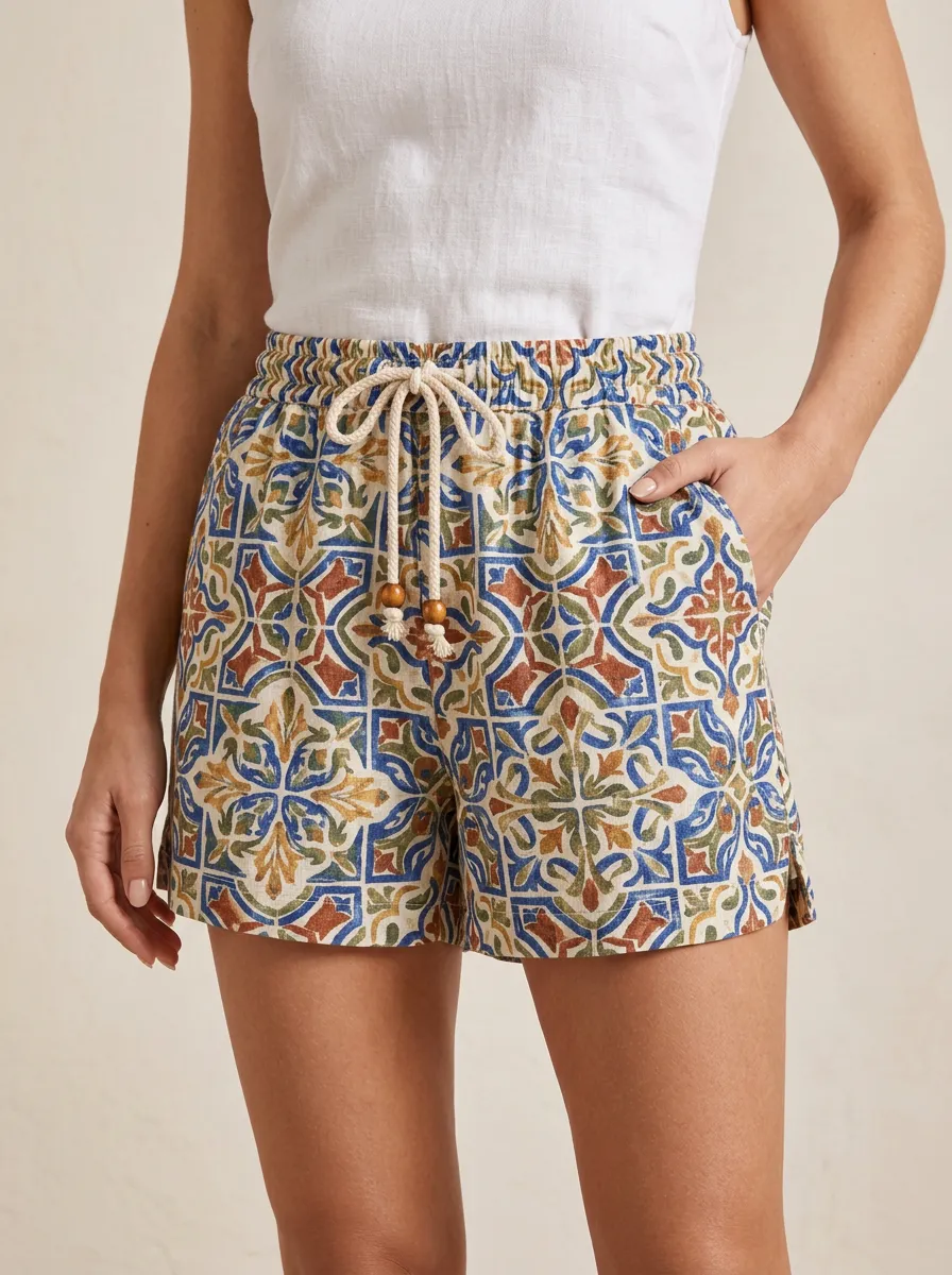 Women's Mediterranean Tile Pattern Beaded Drawstring Printed Shorts